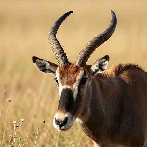 Photograph of a brown antelope with black and white face, curved black horns, and white markings, standing in a sunlit, golden grassy