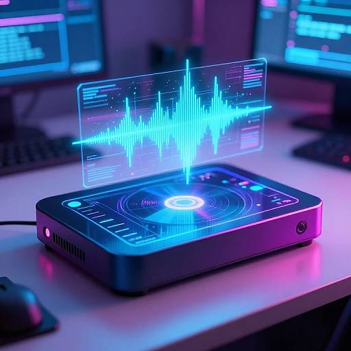 Photograph of a futuristic, glowing, square device on a white desk, displaying a neon blue ECG waveform on a holographic screen, surrounded by