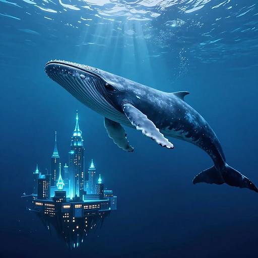 Digital artwork of a massive blue whale swimming near a glowing, futuristic cityscape with illuminated spires underwater, bathed in sunlight beams.
