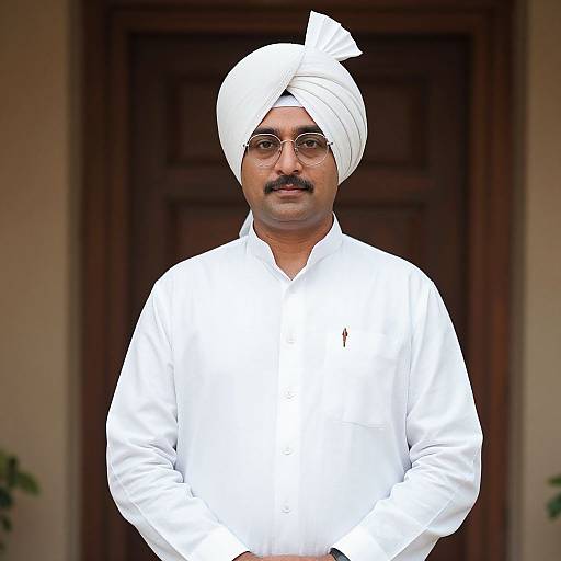 Photograph of a South Asian man with medium brown skin, wearing a white turban, white shirt, and glasses, standing in front of a wooden