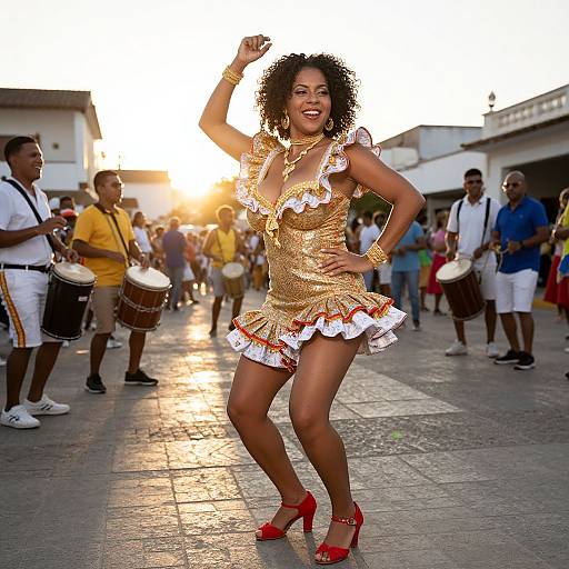 Photograph of a confident Black woman with curly hair, wearing a gold frilled dress and red heels, dancing at a street festival with drummers and