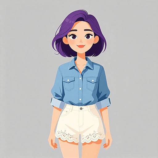 Digital illustration of a smiling woman with purple hair, wearing a blue button-up shirt and white lace-trimmed shorts, against a light blue background.