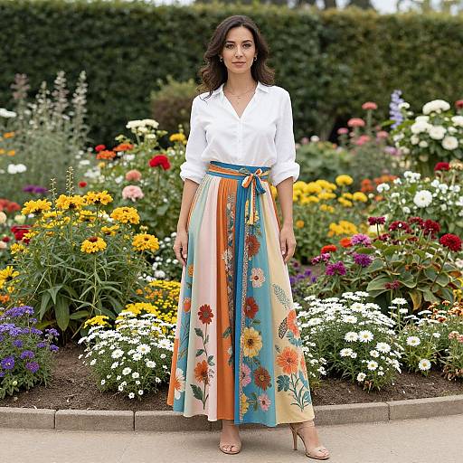 Photograph of a woman with dark wavy hair, wearing a white blouse and colorful floral skirt, standing in a vibrant garden with various flowers.