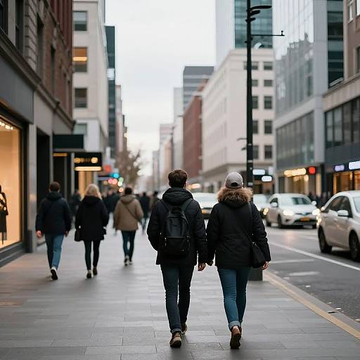 Photograph of two people, one with a backpack and one with a beanie, walking hand-in-hand down a busy, urban street.