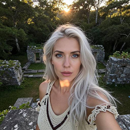 Photograph of a fair-skinned woman with long, platinum blonde hair, wearing a crocheted, off-shoulder white top, standing in