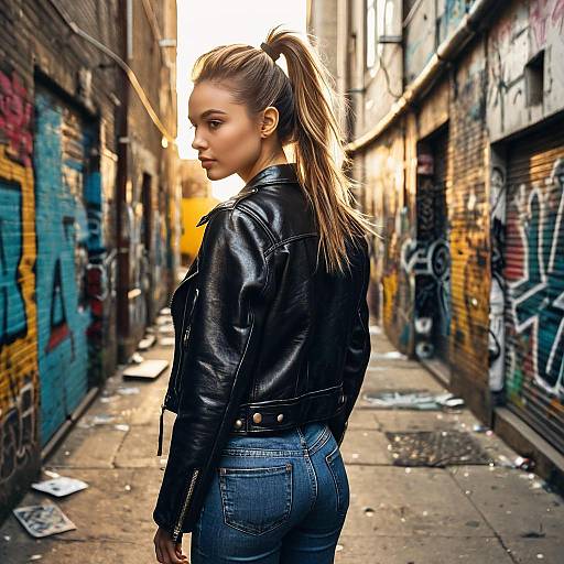Fashion Model in Leather Jacket and Ponytail