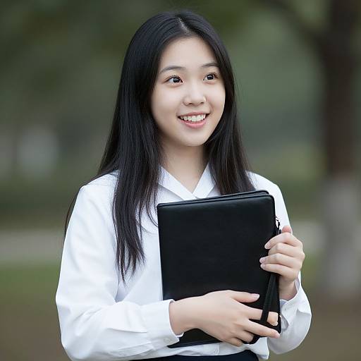 Photograph of a smiling Asian woman with long black hair, wearing a white shirt, holding a black tablet, standing outdoors.