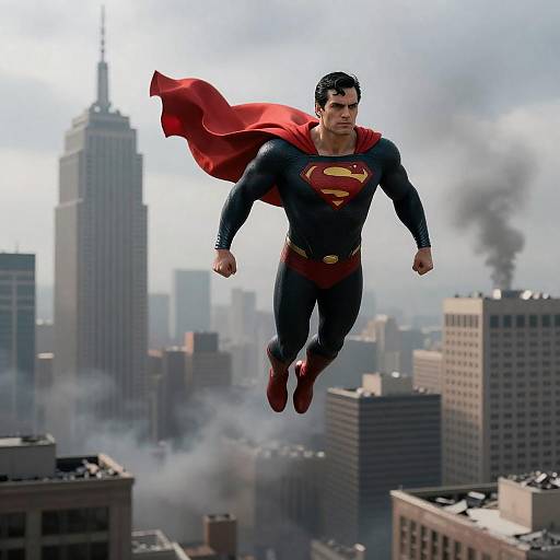 Superman Flying Over Smoke-Filled Cityscape