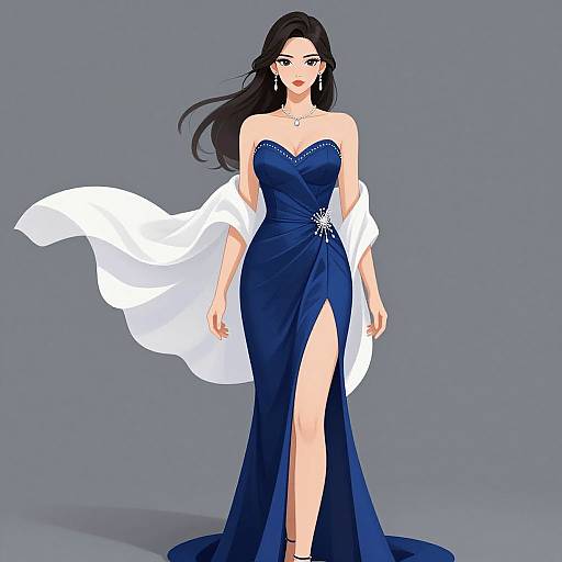 Digital illustration of a beautiful woman with long black hair in a strapless, navy blue, high-slit evening gown, accompanied by a flowing white sh