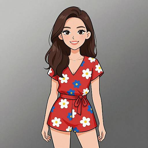 Digital illustration of a smiling woman with long dark brown hair, wearing a red floral romper with white and blue flowers, against a gray gradient background.