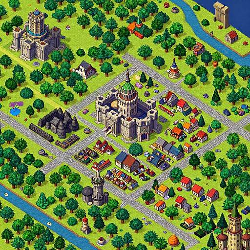 Colorful isometric digital drawing of a medieval village with a central castle, surrounded by trees, houses, a river, and a tall tower.