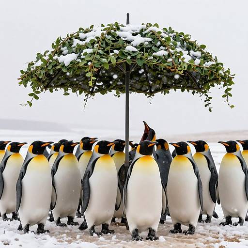 Photograph of a group of penguins standing under a snow-covered tree with green leaves, set against a white snowy background.