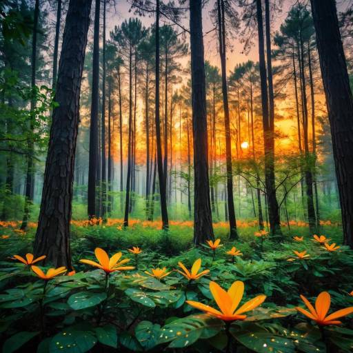 Enchanting Sunset Forest with Fireflies