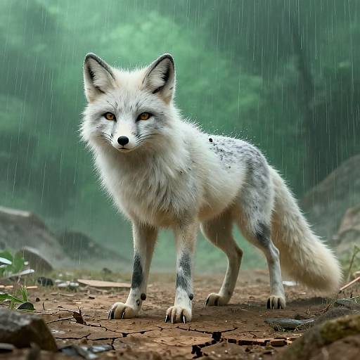 Photorealistic digital art of a white fox with black-tipped ears and paws standing in a rain-soaked forest, yellow eyes focused, wet