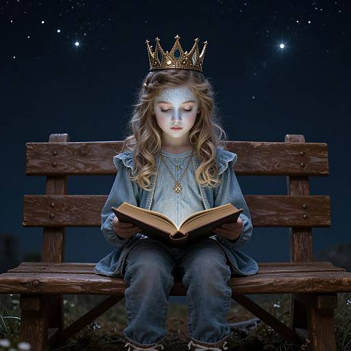 Photograph of a young girl with wavy blonde hair, wearing a golden crown and silver face paint, reading a book on a wooden bench under a