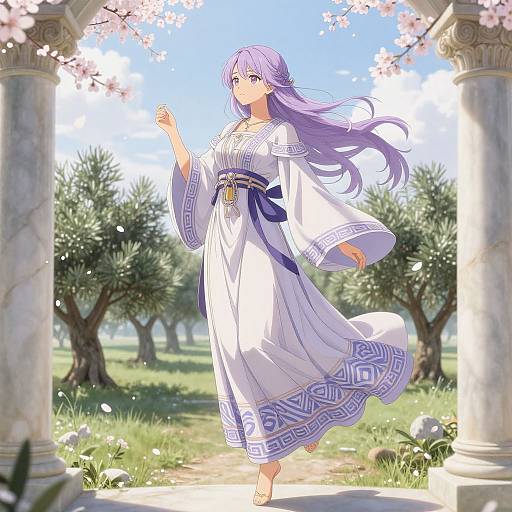 Digital anime-style artwork of a purple-haired woman in a white, patterned dress, walking through a sunny orchard with cherry blossoms.