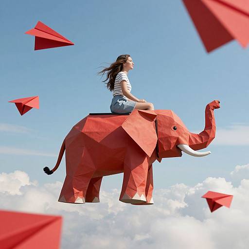 Photograph of a girl with long brown hair, wearing a white shirt and blue shorts, sitting on a red paper elephant, soaring above fluffy clouds with