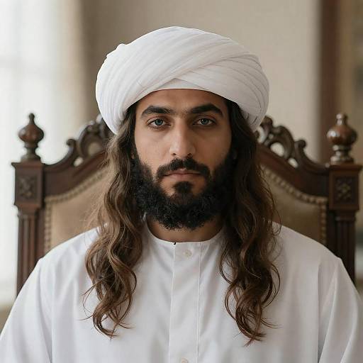 Man in White Turban and Robe Sitting on Ornate Chair