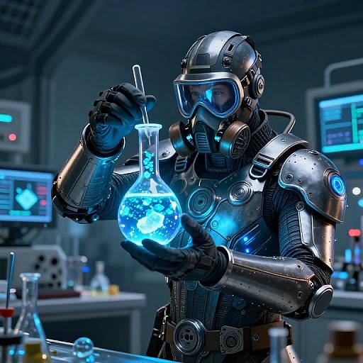 Cyborg scientist in futuristic lab, wearing metallic armor and gas mask, holds glowing blue beaker, examining its contents with a pipette.