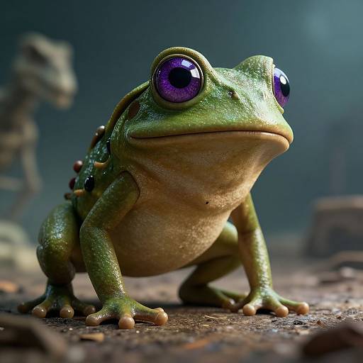CGI close-up of a cartoon frog with large, purple, expressive eyes, green skin, and spiked back, set in a blurry, dark,