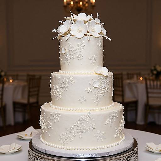 Photograph of a three-tiered white wedding cake adorned with intricate floral sugar decorations, pearl bead accents, and a floral topper, set on a