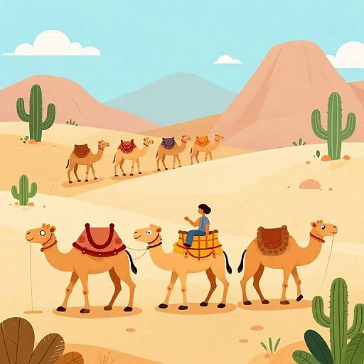Cartoon illustration of a man riding a camel with two other camels in a sandy desert, cacti, mountains, and camels in the