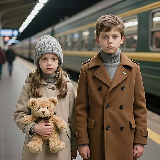 Children at a Dimly Lit Train Station