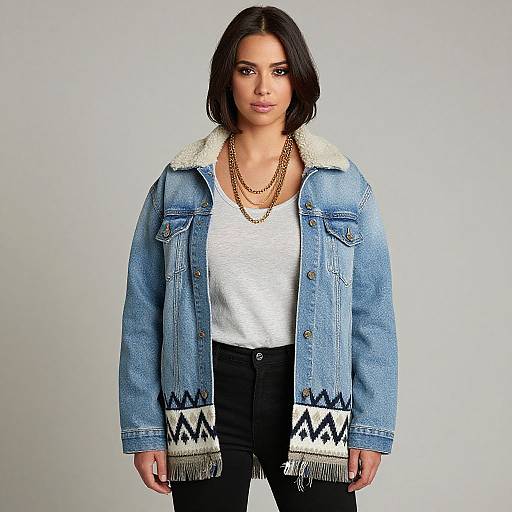 Photograph of a confident woman with medium skin tone, black bob haircut, wearing a blue denim jacket with white fringed trim, white shirt, black