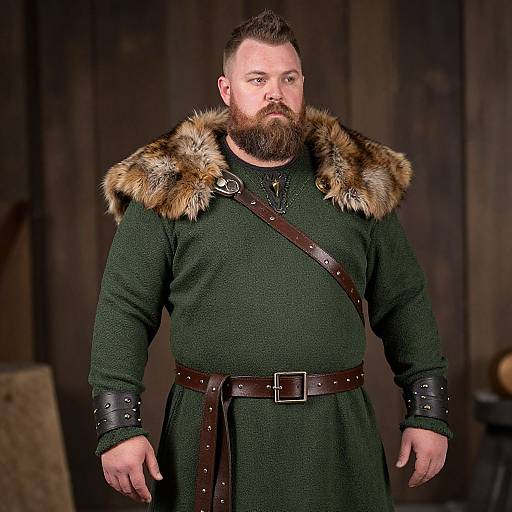 Photograph of a bearded man with a full, muscular build wearing a dark green, fur-collared medieval-style coat with brown leather straps.