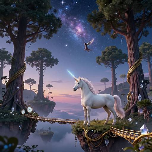 Fantasy digital artwork: White unicorn with glowing blue horn stands on suspended bridge over mystical forest, surrounded by glowing crystals, a flying bird, and a
