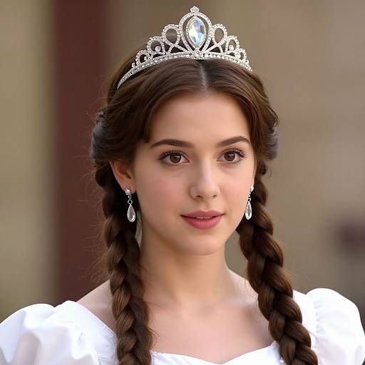 Photograph of a young woman with fair skin, brown eyes, and dark brown braided hair, wearing a silver tiara, white dress, and