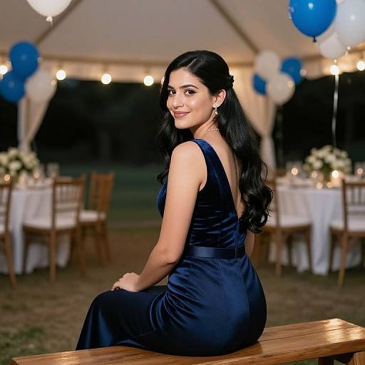 Photograph of a smiling woman with long black hair in a dark blue satin dress, seated on a wooden bench under a tent with blue and white balloons