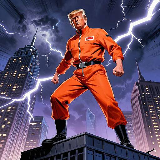 Superhero in orange jumpsuit stands powerfully on rooftop amid lightning-filled cityscape, tall skyscrapers with lit windows in background. Comic book art