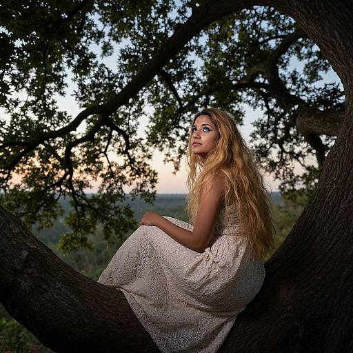 Photograph of a blonde woman with long hair, wearing a white lace dress, sitting on a tree branch at sunset, surrounded by dark, leafy