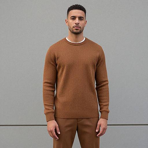 Photograph of a young, light-skinned man with short black hair and beard, wearing a brown knit sweater and brown pants, standing against a plain
