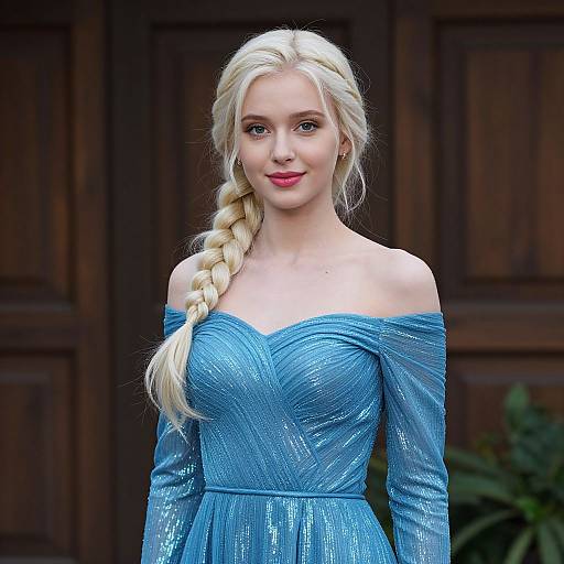 Photograph of a blonde woman with a long braid, wearing an off-shoulder, sparkling blue dress, standing against a dark wooden background.