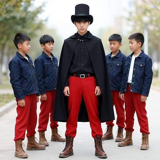Photograph of Asian man in black coat, top hat, red pants, brown boots, surrounded by four Asian boys in denim jackets and red pants,