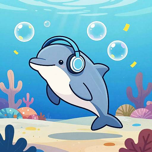 Cheerful Cartoon Dolphin with Headphones