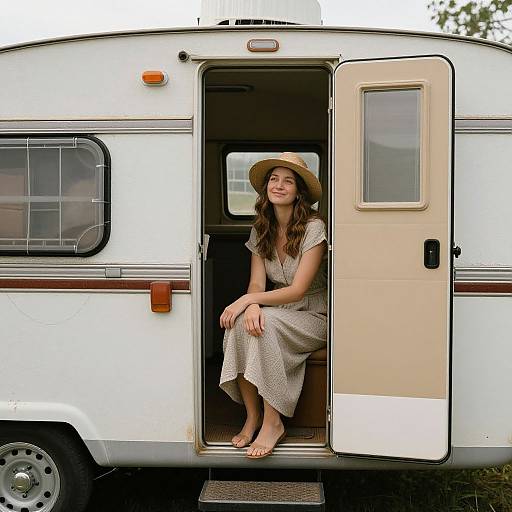Photograph of a smiling woman with long brown hair, wearing a beige dress and sunhat, sitting barefoot in an open RV door. White and