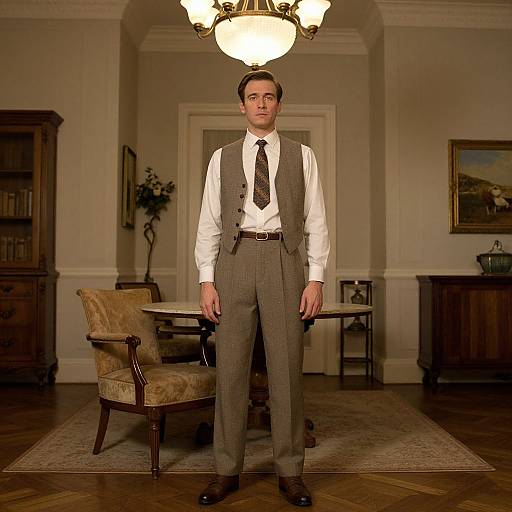 Photograph of a man in a vintage-style brown suit, white shirt, and tie, standing in a well-lit, elegant living room with wooden