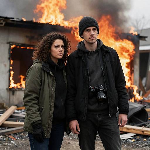 Intense Scene of Two Against Flames