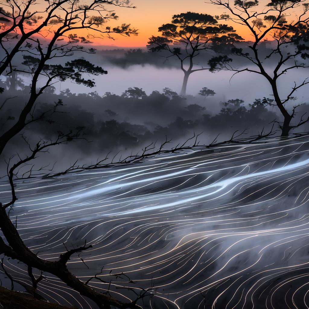 Mystical Crater with Twisted Roots and Fog