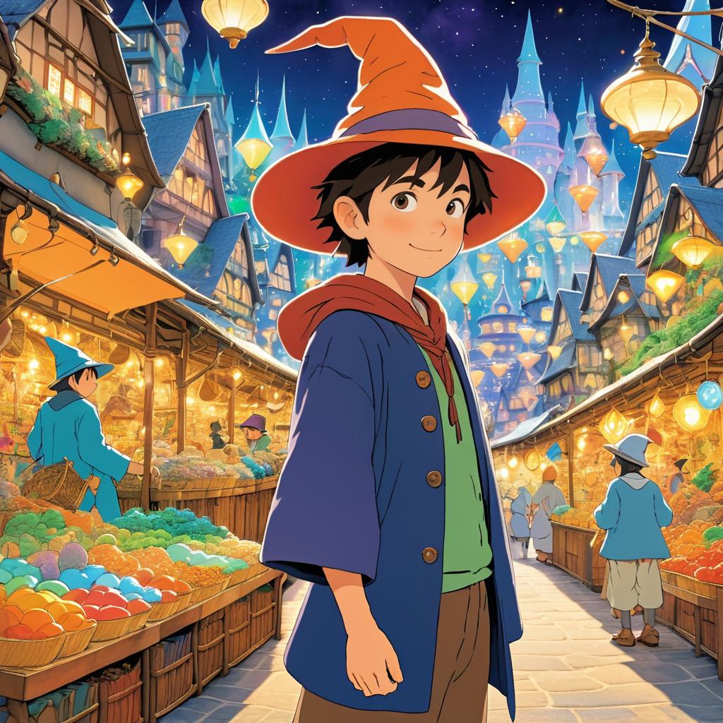 Whimsical Young Wizard in Market