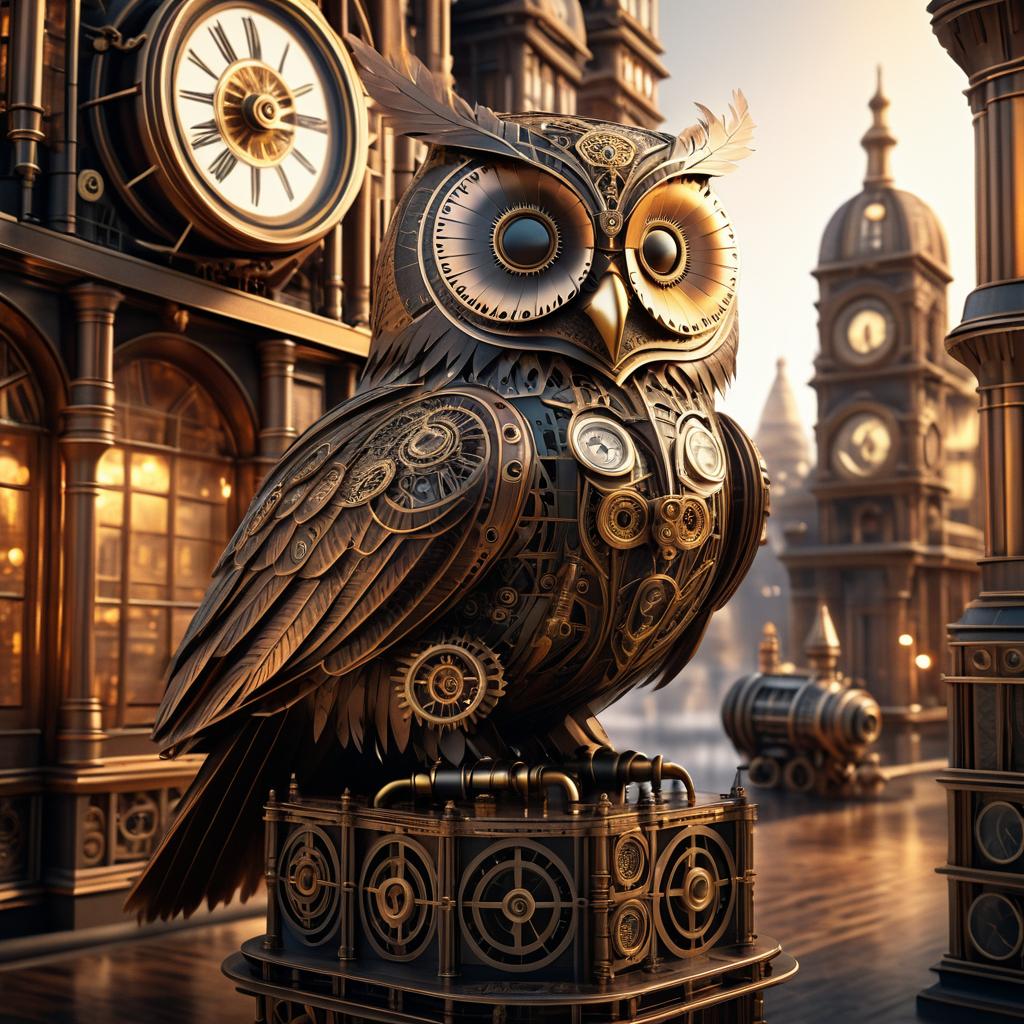 Intricate Steampunk City with Mechanical Owl