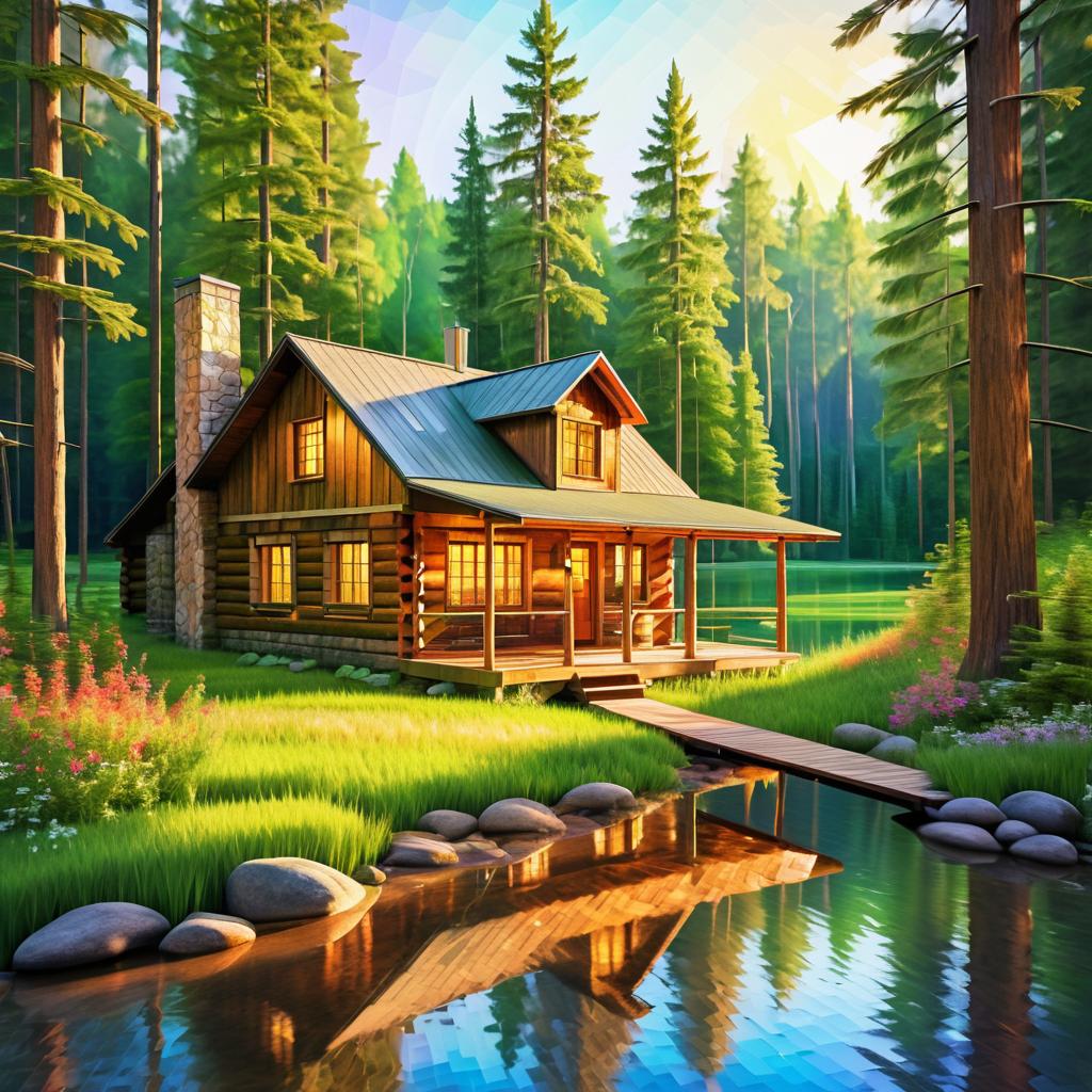 Serene Rustic Cabin in Impressionist Style