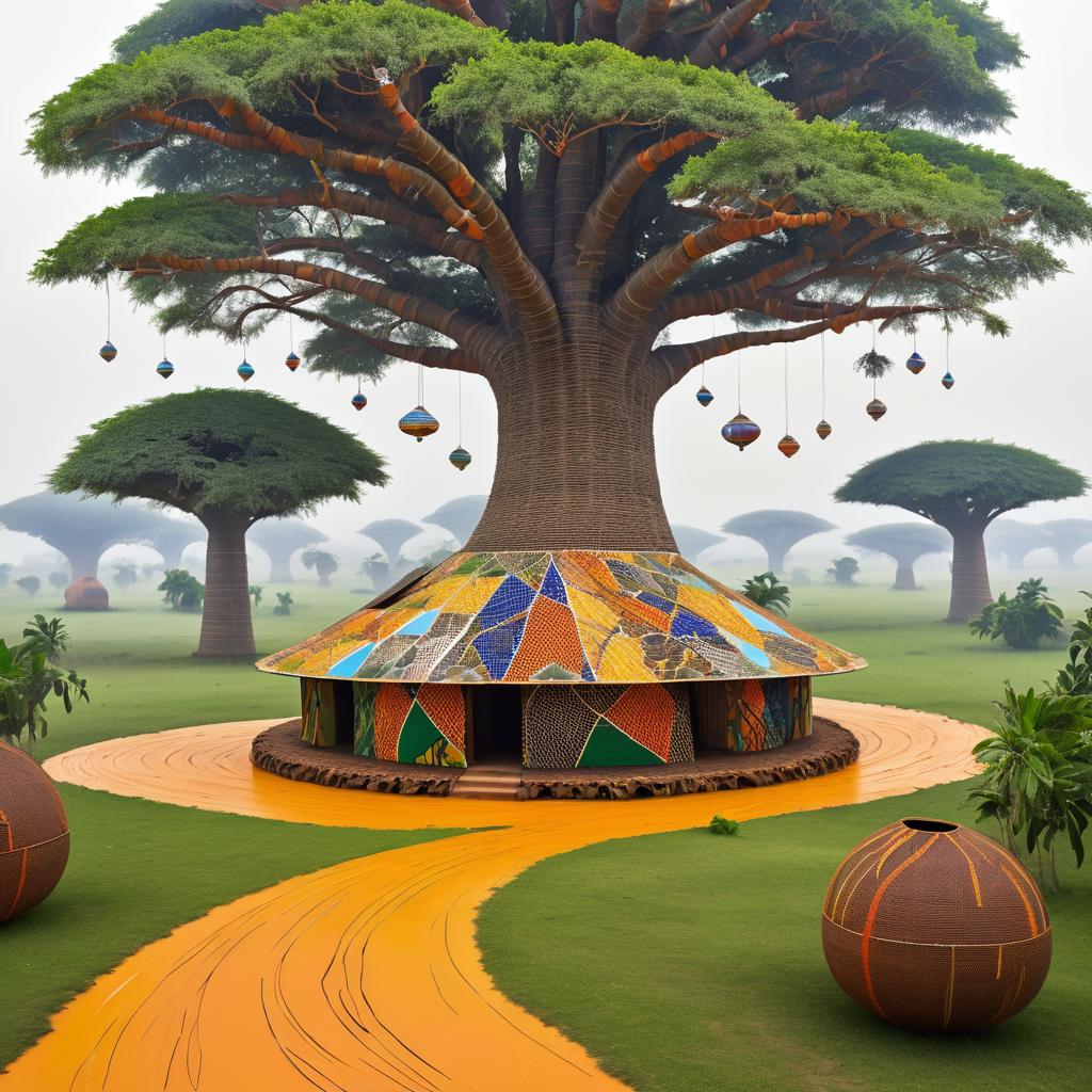 African Village with Baobab and Mist