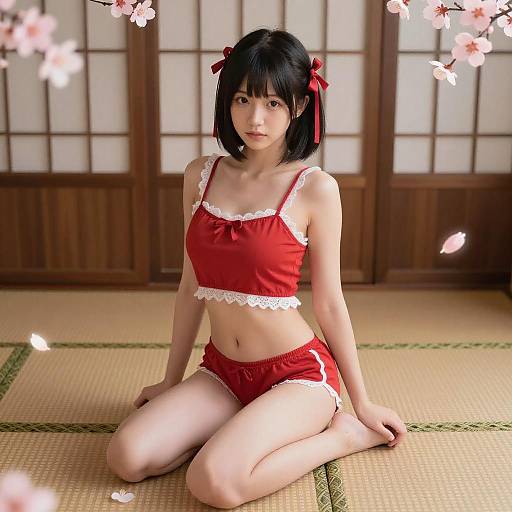 Anime Girl on Tatami with Cherry Blossoms