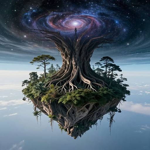 Digital artwork of a floating island tree with sprawling roots, surrounded by small trees, under a starry sky with a glowing galaxy.
