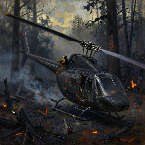 Expressionist Oil Painting of Burnt Helicopter