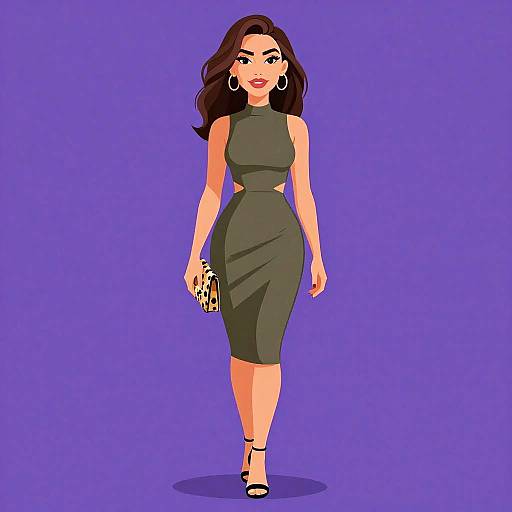 Digital illustration of a confident woman with long brown hair, wearing a black sleeveless midi dress, black heels, large hoop earrings, and holding a pattern